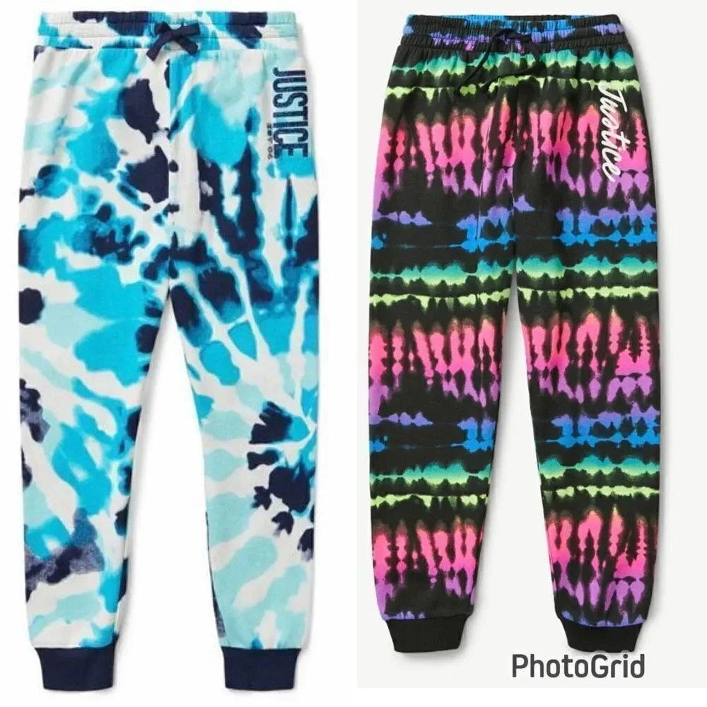 NWT 2 Justice Girls Sz M(10) Fleece Tie Dye Joggers Graphic Sweatpants